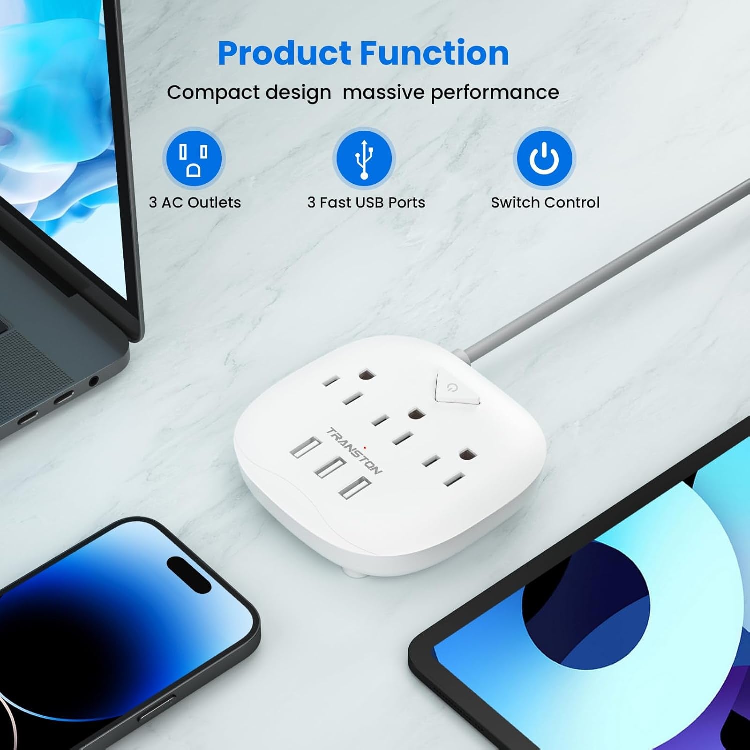 Power Strip 3 Outlets and 3 USB Ports with Switch Control