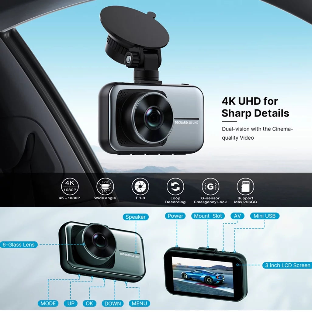 4K Dash Cam Front and Rear 3 Inch Dual Camera