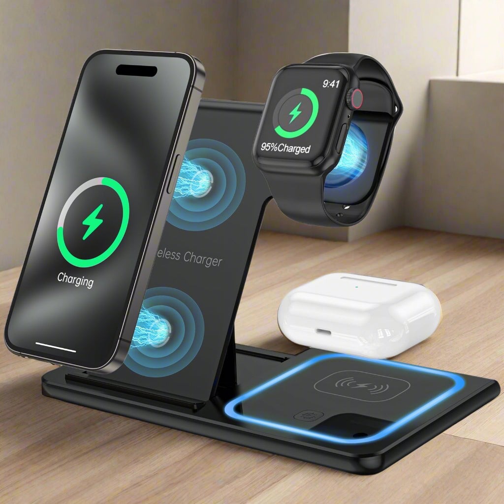 Wireless Charger, 18W Fast Iphone Charging Station for Iphone 16/15/14/13/12 /11/Pro Max/Plus, 3 in 1 Wireless Charging Stand for Iwatch Series SE 10/9/8/7/6/5/4/3, Airpods Pro/3/2 (W/ QC3.0 Adapter)