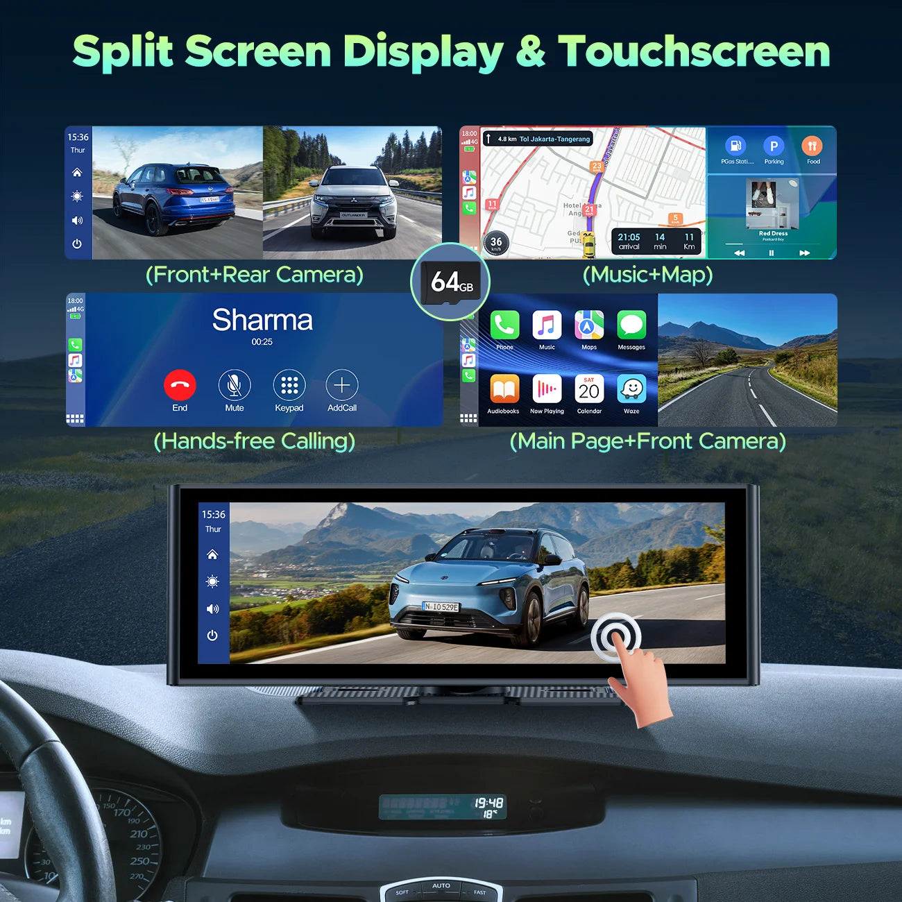 Wireless 9.26'' Carplay Screen for Car with 4K Dash Cam