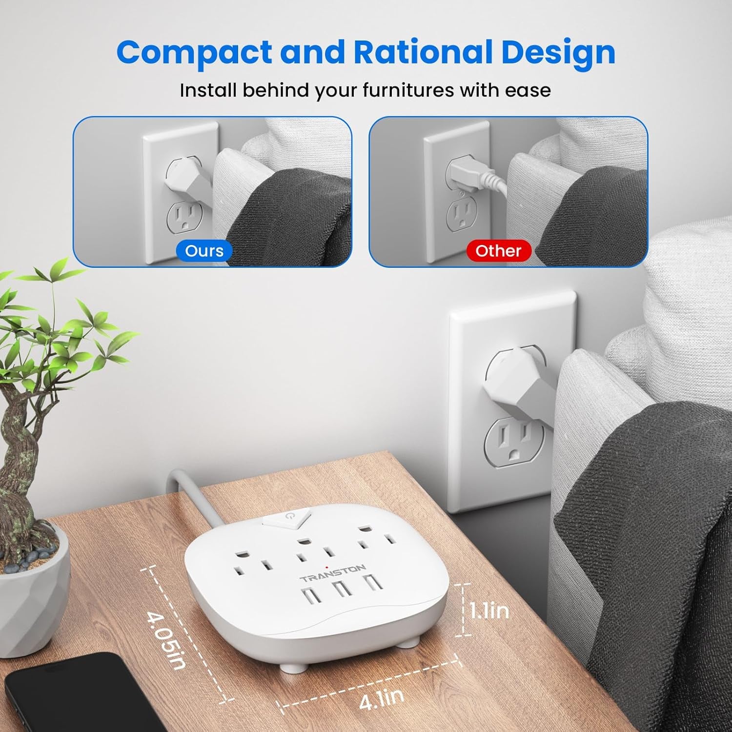 Power Strip 3 Outlets and 3 USB Ports with Switch Control