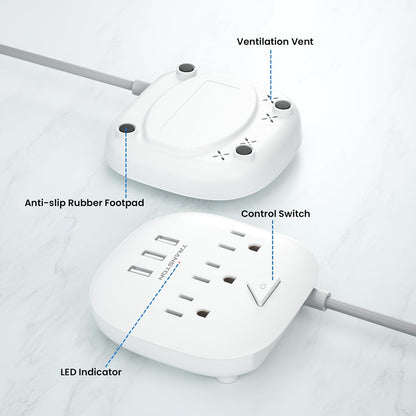 Power Strip 3 Outlets and 3 USB Ports with Switch Control